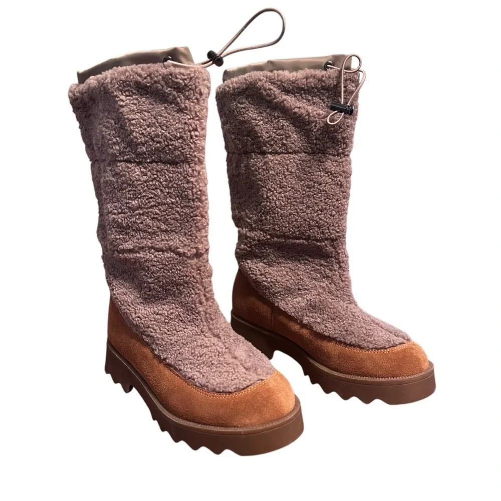 Aerosoles Schade Faux Shearling Winter Boots Size 8 Tan Suede Sherpa - Picture 2 of 7